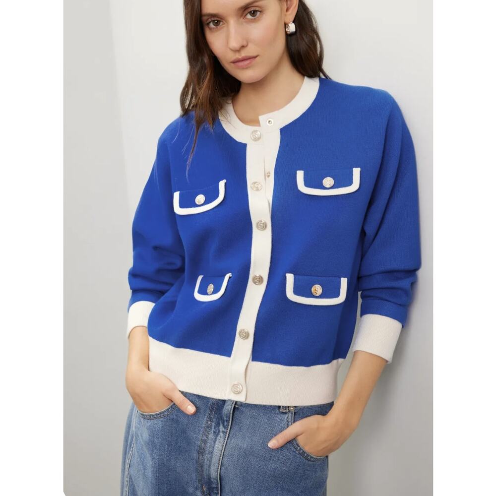 Sandro Murcie Blue Knit Button Front Crewneck Sweater Size 4